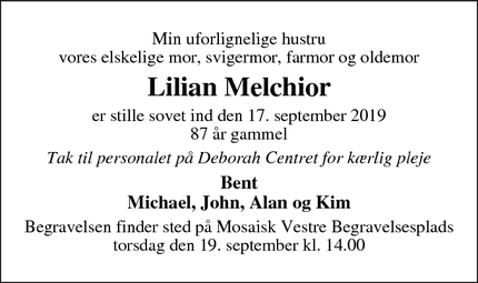 Dødsannoncen for Lilian Melchior - Charlottenlund