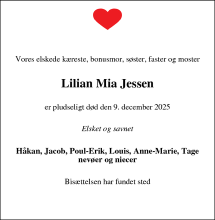 Dødsannoncen for Lilian Mia Jessen - Malmø