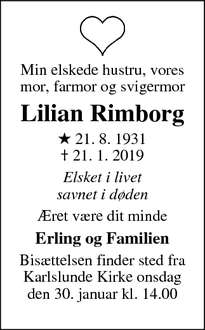Dødsannoncen for Lilian Rimborg - Greve