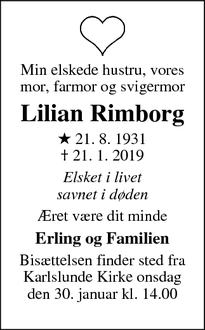 Dødsannoncen for Lilian Rimborg - Greve