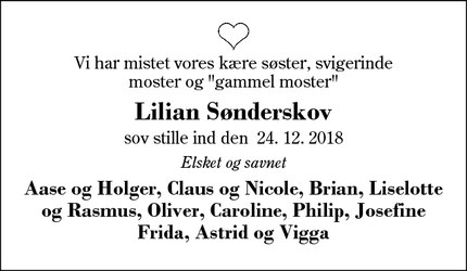 Dødsannoncen for Lilian Sønderskov - Herning