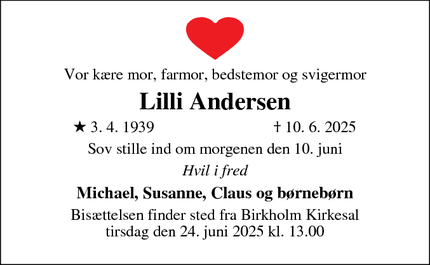 Dødsannoncen for Lilli Andersen - Herlev