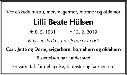 Dødsannoncen for Lilli Beate Hülsen - Nykøbing Sjælland