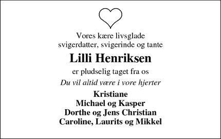Dødsannoncen for Lilli Henriksen - Snedsted