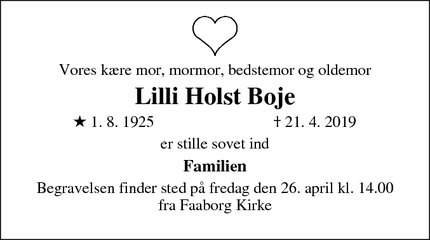Dødsannoncen for Lilli Holst Boje - Faaborg