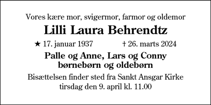Dødsannoncen for Lilli Laura Behrendtz - Bramming