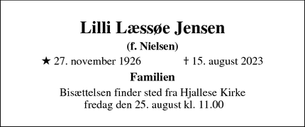 Dødsannoncen for Lilli Læssøe Jensen - Århus