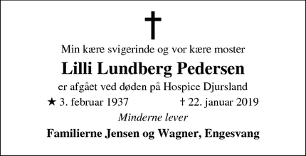 Dødsannoncen for Lilli Lundberg Pedersen - Ikast