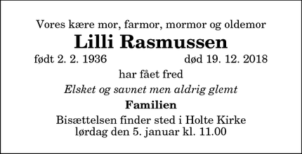 Dødsannoncen for Lilli Rasmussen - Holte