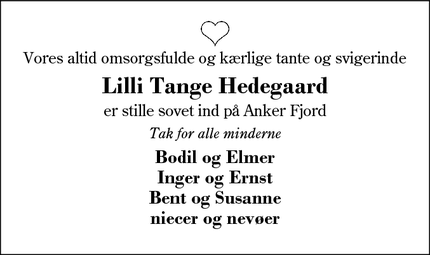 Dødsannoncen for Lilli Tange Hedegaard - Herning