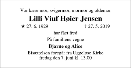 Dødsannoncen for Lilli Viuf Høier Jensen - Vassingerød