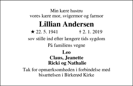 Dødsannoncen for Lillian Andersen  - Birkerød