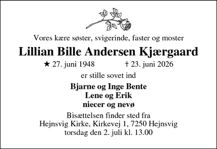 Dødsannoncen for Lillian Bille Andersen Kj&aelig;rgaard - Hejnsvig