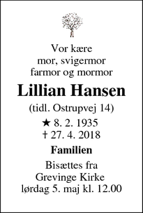 Dødsannoncen for Lillian Hansen - Ostrup
