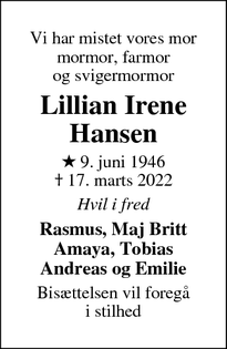 Dødsannoncen for Lillian Irene Hansen - Vejby Strand