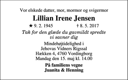 Dødsannoncen for Lillian Irene Jensen - Vordingborg