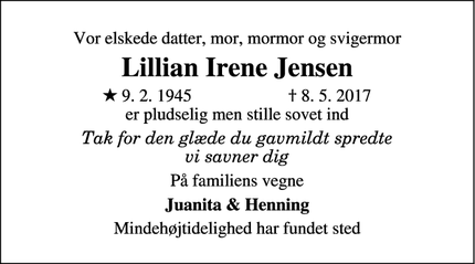 Dødsannoncen for Lillian Irene Jensen - Vordingborg