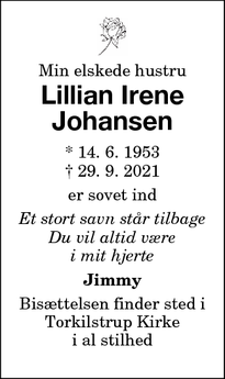 Dødsannoncen for Lillian Irene
Johansen - Stubbekøbing 