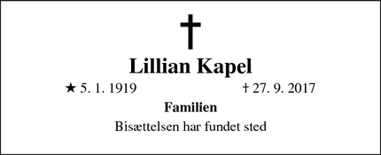 Dødsannoncen for Lillian Kapel - Charlottenlund