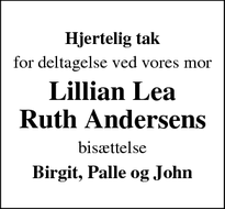 Taksigelsen for Lillian Lea
Ruth Andersens - Roskilde