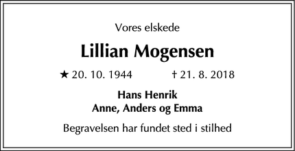 Dødsannoncen for Lillian Mogensen - Gentofte