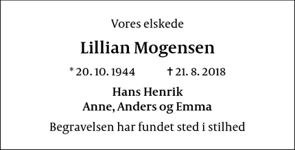 Dødsannoncen for Lillian Mogensen - Gentofte