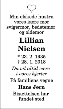 Dødsannoncen for Lillian Nielsen - Assens 9550