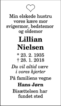 Dødsannoncen for Lillian Nielsen - Assens 9550