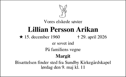 Dødsannoncen for Lillian Persson Arikan - Køge