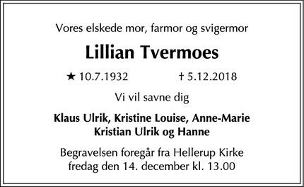 Dødsannoncen for Lillian Tvermoes - Hellerup