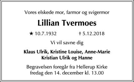 Dødsannoncen for Lillian Tvermoes - Hellerup