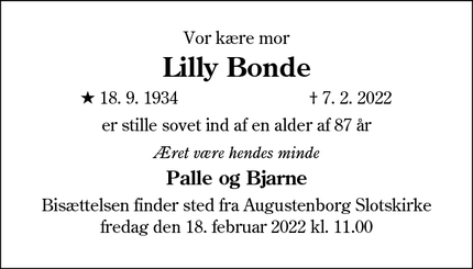 Dødsannoncen for Lilly Bonde - Augustenborg