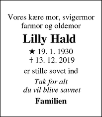 Dødsannoncen for Lilly Hald  - Horsens