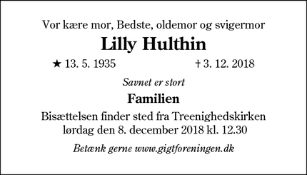 Dødsannoncen for Lilly Hulthin - Esbjerg