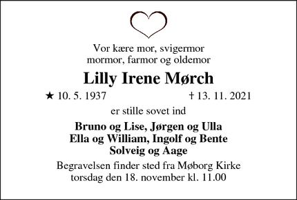 Dødsannoncen for Lilly Irene Mørch - Møborg