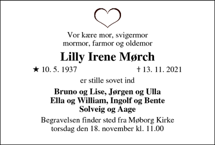 Dødsannoncen for Lilly Irene Mørch - Møborg