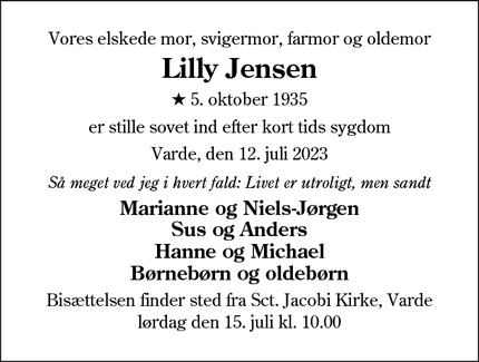 Dødsannoncen for Lilly Jensen - Kolding