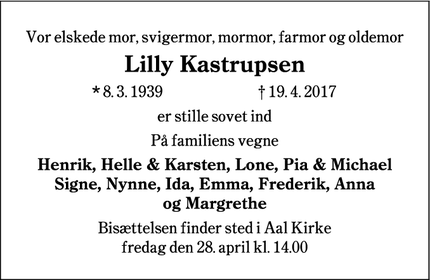 Dødsannoncen for Lilly Kastrupsen - Oksbøl
