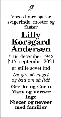 Dødsannoncen for Lilly Korsgård Andersen - Thisted