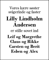 Dødsannoncen for Lilly Lindholm
Andersen - Aulum