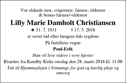 Dødsannoncen for Lilly Marie Damholt Christiansen - Svinninge/Kundby