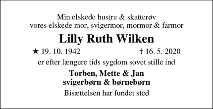 Dødsannoncen for Lilly Ruth Wilken - Jyllinge