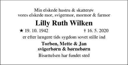 Dødsannoncen for Lilly Ruth Wilken - Jyllinge