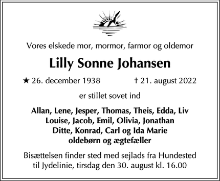 Dødsannoncen for Lilly Sonne Johansen - Birkerød