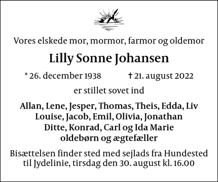 Dødsannoncen for Lilly Sonne Johansen - Birkerød