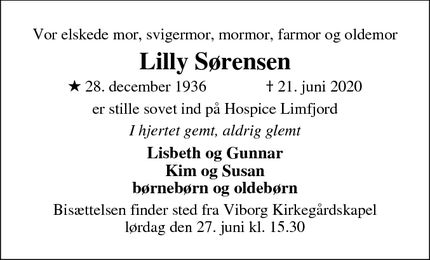 Dødsannoncen for Lilly Sørensen - Bjerringbro
