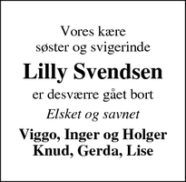 Dødsannoncen for Lilly Svendsen - Svendborg
