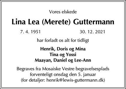 Dødsannoncen for Lina Lea (Merete) Guttermann - København