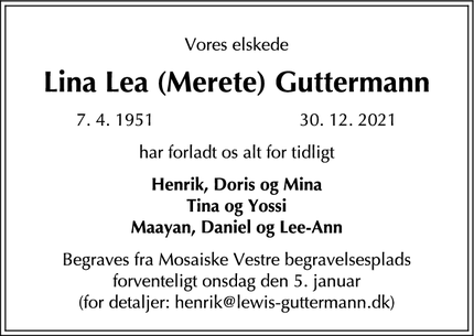 Dødsannoncen for Lina Lea (Merete) Guttermann - København