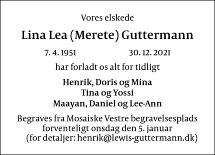 Dødsannoncen for Lina Lea (Merete) Guttermann - København